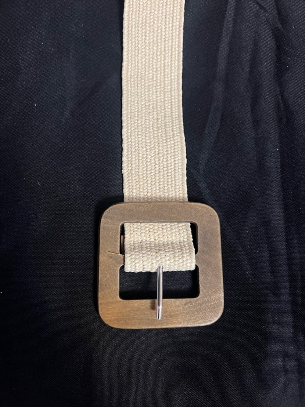 Woven Cream Belt with Square Wood Buckle - Picture 2 of 3